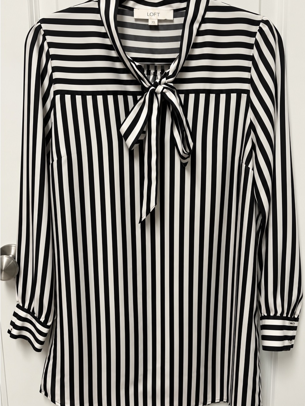 LOFT Black & White Vertical Stripe Tie-Neck Dress. Size M